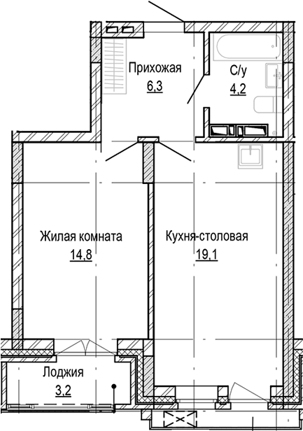 Планировка 1-к.кв 44.42 м² в ЖК «Кварталы Немировича-2»