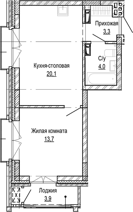 Планировка 1-к. квартира 41.15 м² в ЖК «Кварталы Немировича-2»