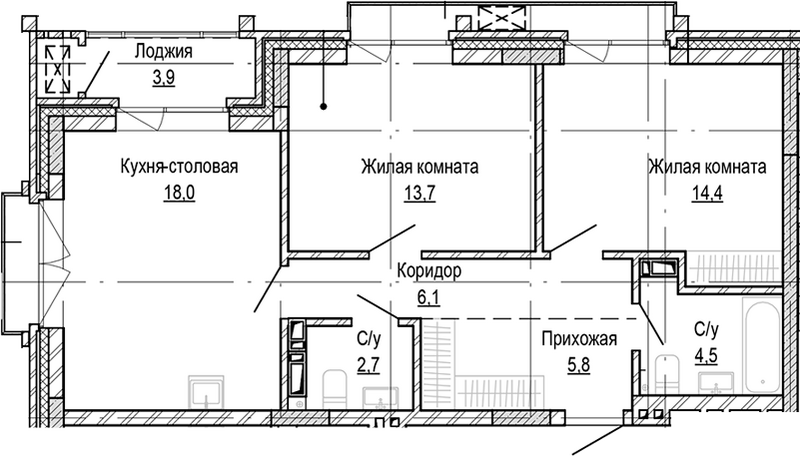 Планировка 2-к.кв 65.23 м² в ЖК «Кварталы Немировича-2»