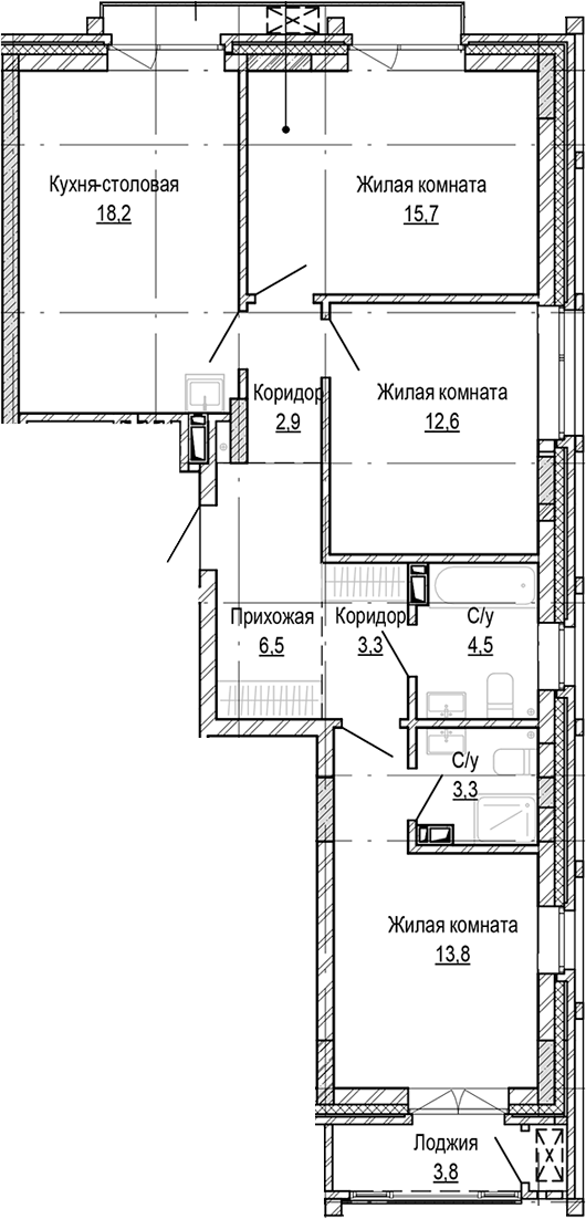 Планировка 3-к.кв 80.78 м² в ЖК «Кварталы Немировича-2»