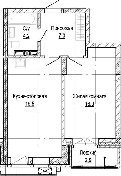 Планировка 1-к.кв 46.80 м² в ЖК «Кварталы Немировича-2»