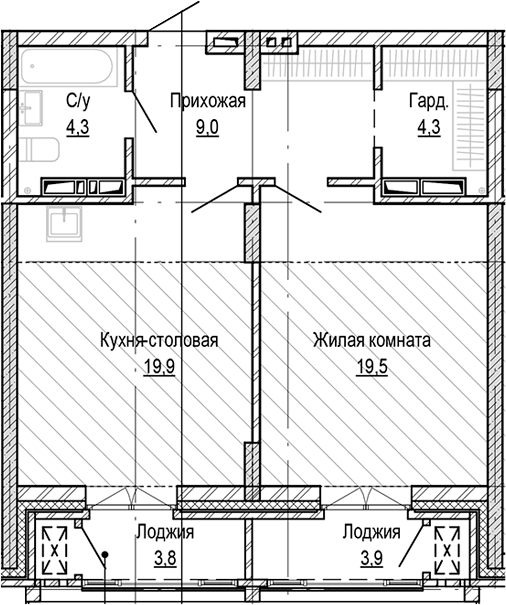 Планировка 1-к.кв 57.05 м² в ЖК «Кварталы Немировича-2»