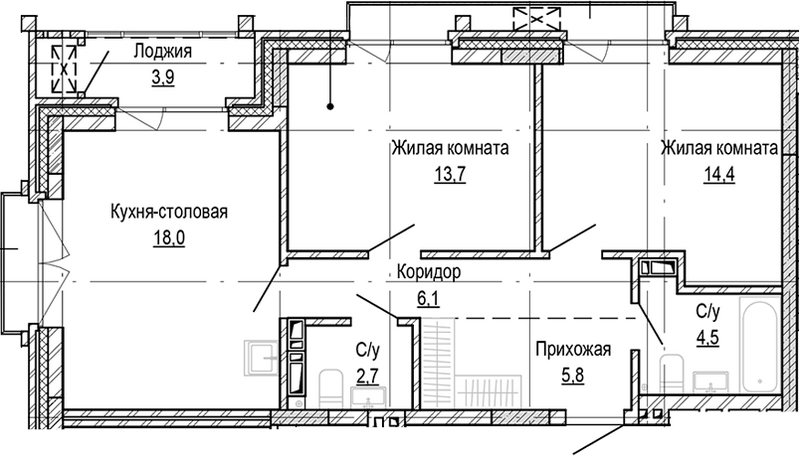 Планировка 2-к.кв 65.23 м² в ЖК «Кварталы Немировича-2»