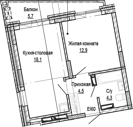 Планировка 1-к.кв 39.80 м² в ЖК «Кварталы Немировича-2»