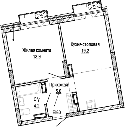 Планировка 1-к.кв 42.30 м² в ЖК «Кварталы Немировича-2»