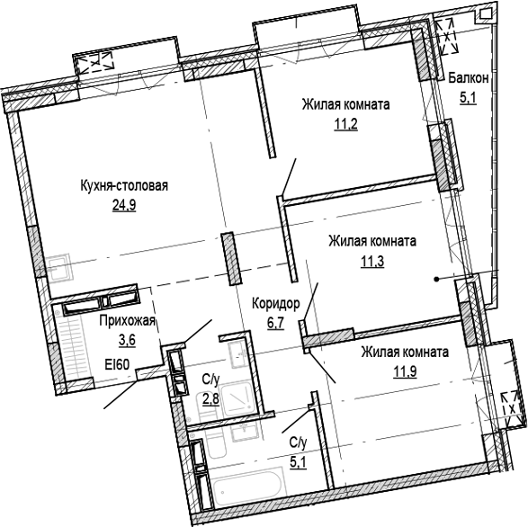 Планировка 3-к.кв 77.50 м² в ЖК «Кварталы Немировича-2»