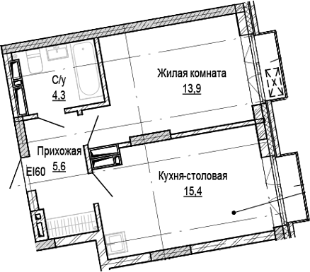 Планировка 1-к.кв 39.20 м² в ЖК «Кварталы Немировича-2»