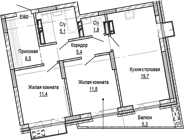 Планировка 2-к.кв 61.70 м² в ЖК «Кварталы Немировича-2»