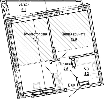 Планировка 1-к.кв 39.90 м² в ЖК «Кварталы Немировича-2»