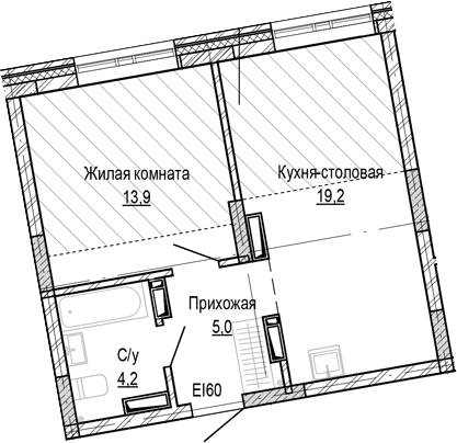 Планировка 1-к.кв 42.30 м² в ЖК «Кварталы Немировича-2»