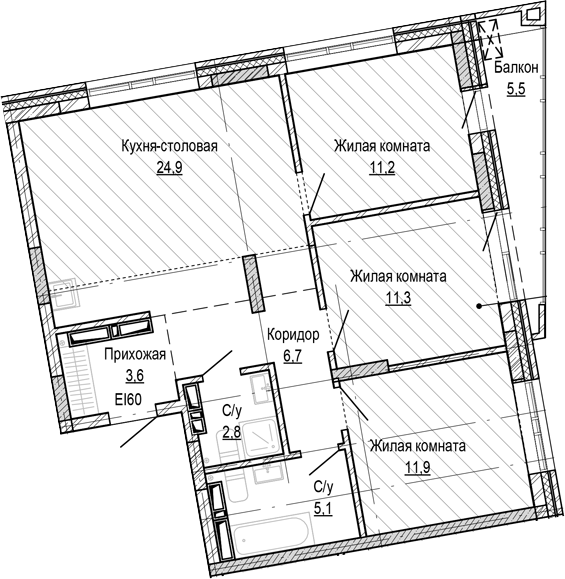 Планировка 3-к.кв 77.50 м² в ЖК «Кварталы Немировича-2»