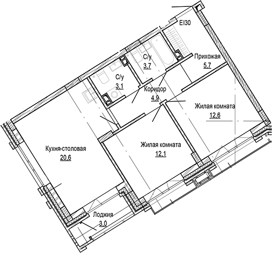 Планировка 2-к.кв 62.65 м² в ЖК «Кварталы Немировича-2»