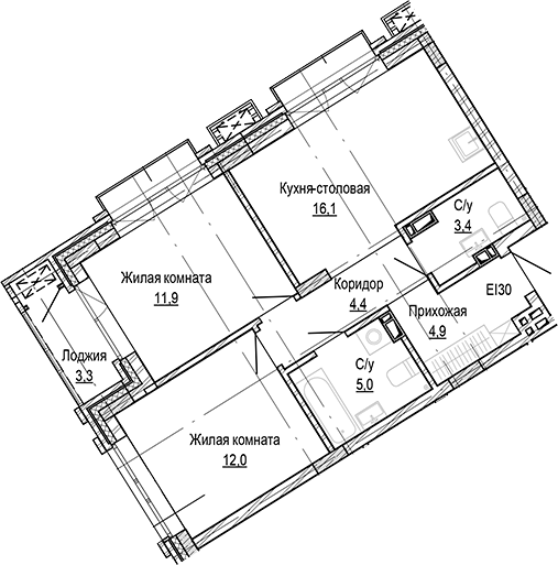 Планировка 2-к.кв 57.69 м² в ЖК «Кварталы Немировича-2»