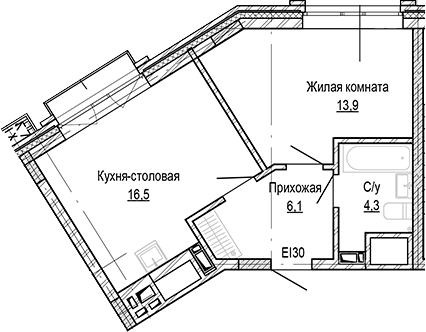 Планировка 1-к.кв 40.77 м² в ЖК «Кварталы Немировича-2»