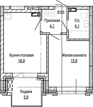 Планировка 1-к.кв 39.00 м² в ЖК «Кварталы Немировича-2»