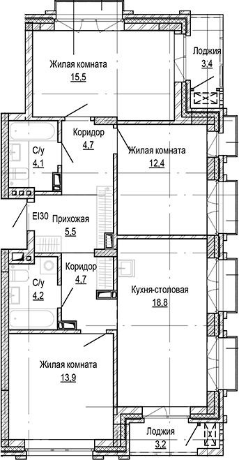 Планировка 3-к.кв 83.67 м² в ЖК «Кварталы Немировича-2»