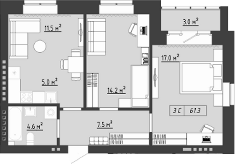Планировка 3е-к.кв 59.85 м² в ЖК «Загорские кварталы. Загорский»