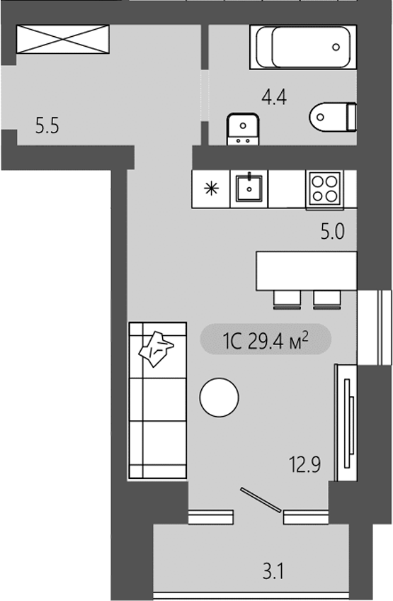Планировка студии 27.85 м² в ЖК «Загорские кварталы. Загорский»