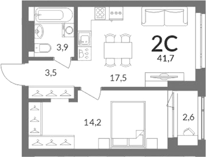 Планировка 2е-к.кв 39.10 м² в ЖК «Горская лагуна»