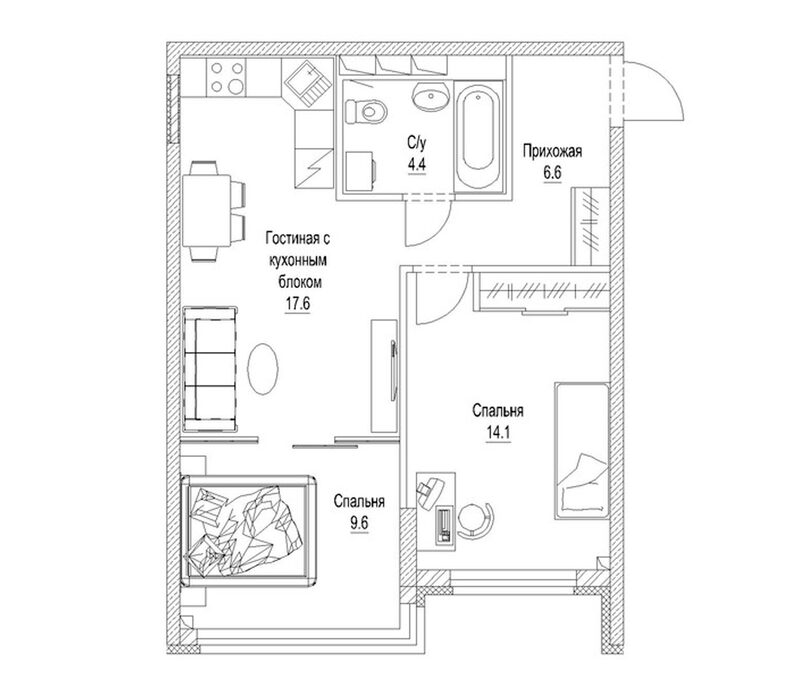 Планировка 2-к.кв 54.90 м² в ЖК «Солнечный бульвар. Кемерово»