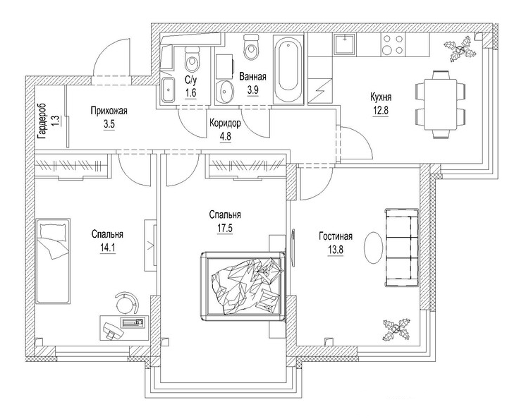 Планировка 3-к.кв 76.60 м² в ЖК «Сити-парк. Кемерово»