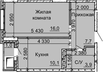 Планировка 1-к.кв 37.70 м² в ЖК «Столетов»