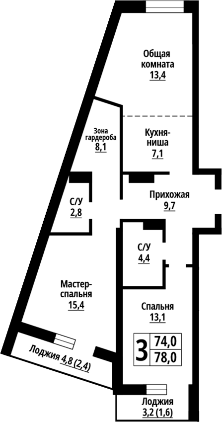 Планировка 3е-к.кв 74.00 м² в ЖК «Родные берега. Барнаул»