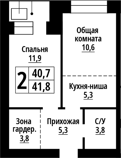 Планировка 2е-к. квартира 40.70 м² в ЖК «Тургенев. Барнаул»
