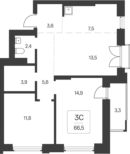 Планировка 3е-к.кв 63.20 м² в ЖК «Расцветай на Кропоткина»