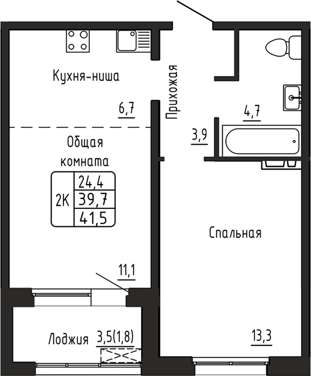 Планировка 1-к.кв 39.70 м² в ЖК «Самоцветы»