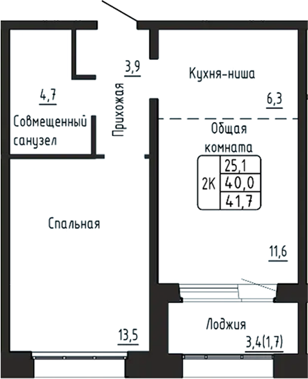 Планировка 1-к.кв 40.00 м² в ЖК «Гренландия»