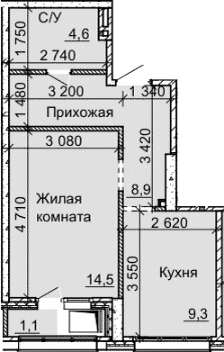 Планировка 1-к.кв 37.30 м² в ЖК «Столетов»
