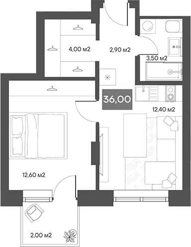 Планировка 1-к. квартира 35.40 м² в ЖК «ЩА»