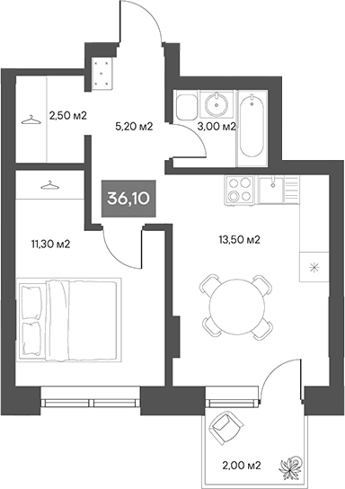 Планировка 1-к. квартира 35.50 м² в ЖК «ЩА»