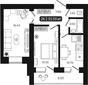 Планировка 2-к.кв 52.59 м² в ЖК «Дивногорский»