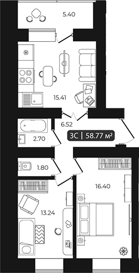 Планировка 3е-к.кв 56.07 м² в ЖК «Дивногорский»