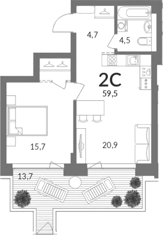 Планировка 2е-к.кв 45.80 м² в ЖК «Горская лагуна»