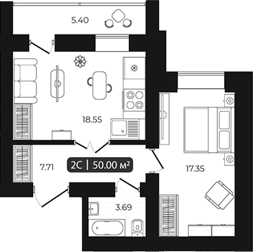 Планировка 2е-к.кв 47.30 м² в ЖК «Дивногорский»