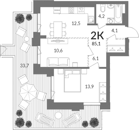 Планировка 2-к.кв 51.40 м² в ЖК «Горская лагуна»
