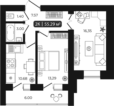 Планировка 2-к.кв 52.29 м² в ЖК «Дивногорский»