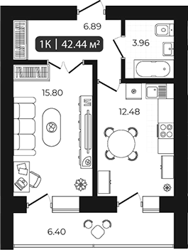 Планировка 1-к.кв 39.24 м² в ЖК «Дивногорский»