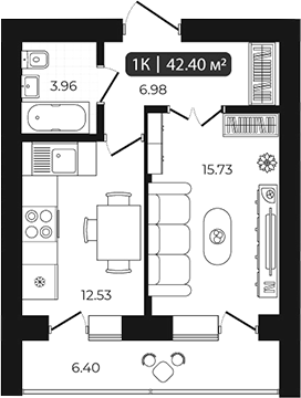 Планировка 1-к.кв 39.20 м² в ЖК «Дивногорский»