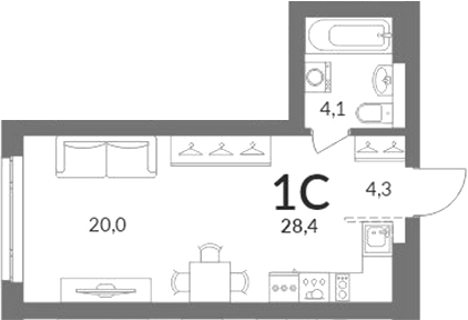 Планировка студии 28.40 м² в ЖК «Горская лагуна»