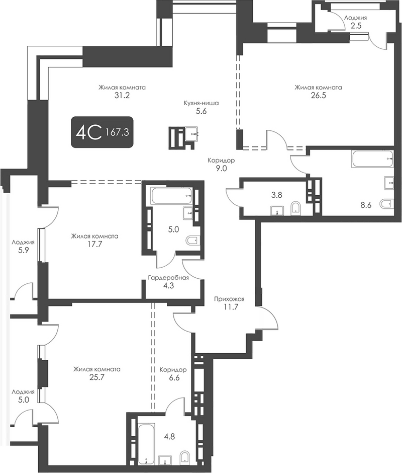 Планировка 4-к.кв 160.60 м² в ЖК «Сити Тауэрс»
