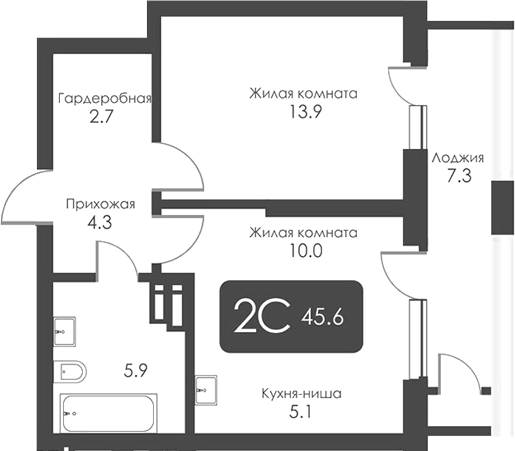 Планировка 2е-к.кв 41.95 м² в ЖК «Сити Тауэрс»