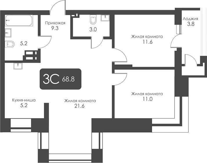 Планировка 3е-к.кв 66.90 м² в ЖК «Сити Тауэрс»