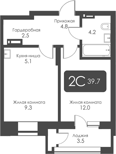 Планировка 2е-к.кв 37.95 м² в ЖК «Сити Тауэрс»