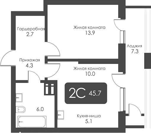 Планировка 2е-к.кв 42.05 м² в ЖК «Сити Тауэрс»