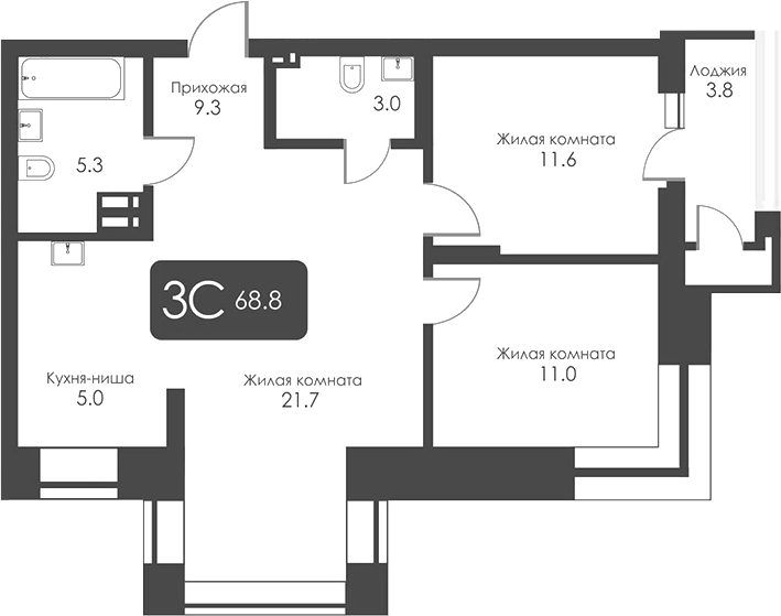 Планировка 3е-к.кв 66.90 м² в ЖК «Сити Тауэрс»