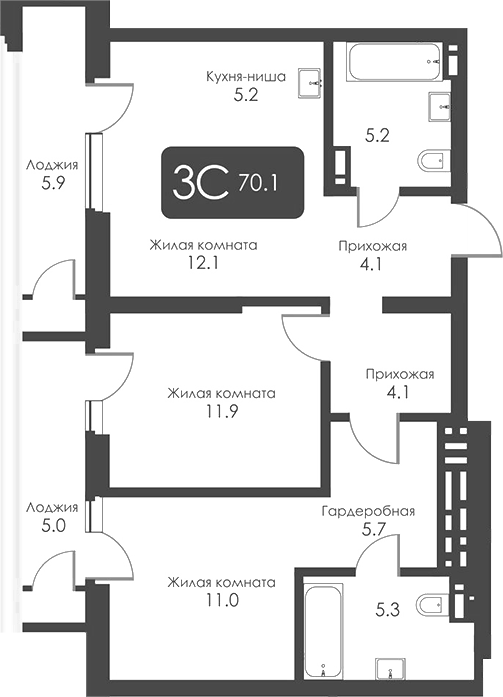 Планировка 3е-к.кв 64.65 м² в ЖК «Сити Тауэрс»